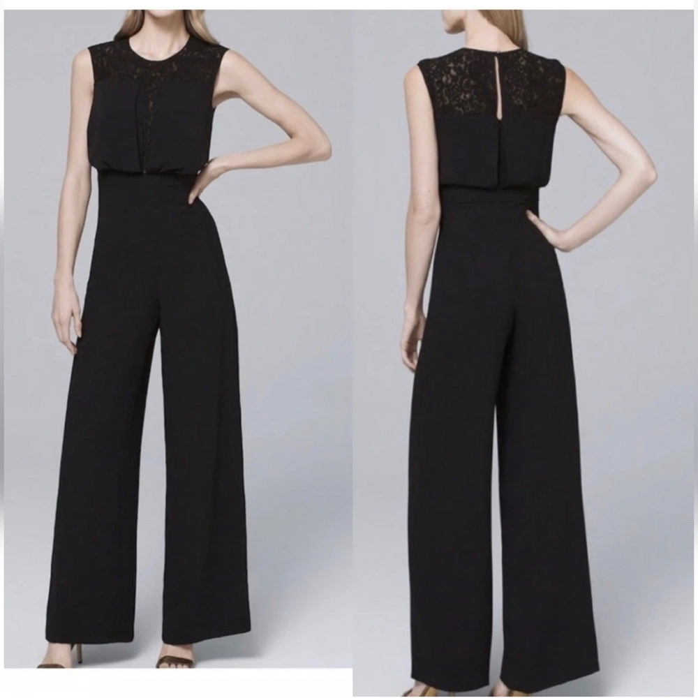 White House Black Market Lace Inset-Bodice Black Wide-Leg Jumpsuit Size 14P